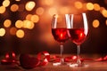 Composition of wine glasses and red heart shape on evening golden bokeh background. Saint Valentines day concept Royalty Free Stock Photo