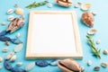 Composition with wooden frame, seashells, green boxwood. mockup on blue pastel background. side view, copy space