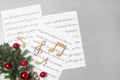 Composition with wooden music notes on grey background Royalty Free Stock Photo