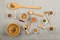 Composition from wooden spoons and various spices Royalty Free Stock Photo