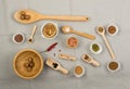 Composition from wooden spoons and various spices Royalty Free Stock Photo