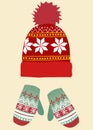 Composition of woolen winter hat and gloves. Christmas themed decorations