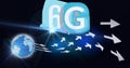 Composition of the word 6g over a globe woth floating white arrows in background