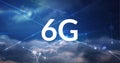 Composition of the word 6g over a net of connections with clouds and blue sky in background Royalty Free Stock Photo