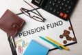 Composition with words PENSION FUND on wooden background Royalty Free Stock Photo