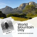 Composition of world mountain day text over photo of caucasian girl and landscape