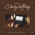 Composition of world storytelling day text with woman writing on retro typewriter