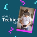 Composition of world techies day text over caucasian boy using vr headset