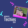Composition of world techies day text over caucasian girl using vr headset