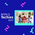 Composition of world techies day text over senior african american woman and her grandchildren