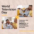 Composition of world television day text over biracial gay man with tv remote control