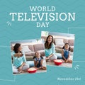 Composition of world television day text over caucasian mum with tv remote control and daughter