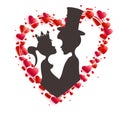 Composition with a wreath of red hearts and a dark silhouette of a boy in a hat and a girl in a crown Royalty Free Stock Photo