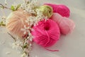 Composition with yarn balls on light blue background Royalty Free Stock Photo