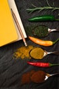 Top view on composition notebook for recipe and oriental spices in spoons and peppers on the black metallic tray in Asian style