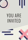 Composition of you are invited text with pink, blue and black geometric patterns on grey background