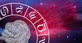 Composition of zodiac wheel with aquarius star sign over stars Royalty Free Stock Photo