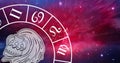 Composition of zodiac wheel with aquarius star sign over stars Royalty Free Stock Photo