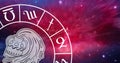 Composition of zodiac wheel with aquarius star sign over stars Royalty Free Stock Photo