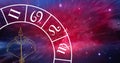 Composition of zodiac wheel with sagittarius star sign over stars Royalty Free Stock Photo