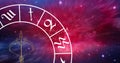 Composition of zodiac wheel with sagittarius star sign over stars Royalty Free Stock Photo