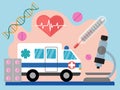 compositional image consists of ambulance, thermometer, microscope, heartbeat,pills and dna elements