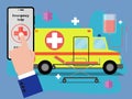 compositional image consists of cell phone, hand, ambulance, drip and trolley