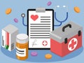 compositional image with elements of pills, pills in a box, clipboard, stethoscope and medical case