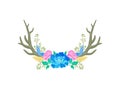 Compositions of blue and pink flowers, horns and feathers. Vector illustration on white background.