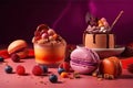 compositions of desserts. cakes, berries and macaroons oh the table. generative AI