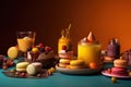 compositions of desserts. cakes, berries and macaroons oh the table. generative AI