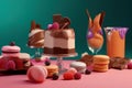 compositions of desserts. cakes, berries and macaroons oh the table. generative AI