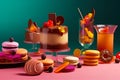 compositions of desserts. cakes, berries and macaroons oh the table. generative AI