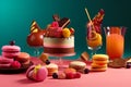 compositions of desserts. cakes, berries and macaroons oh the table. generative AI