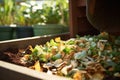 a compost bin with vegetable peels inside