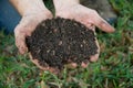 Compost and composted soil as a composting pile of rotting kitchen scraps with fruits and vegetable garbage waste turning into org