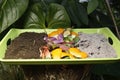 Compost and composted soil cycle as a composting pile of rotting kitchen scraps with fruits and vegetable garbage waste turning Royalty Free Stock Photo