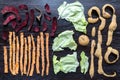 compost vegetables peelings. flat lay on a wooden background