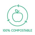 100% compostable line icon. Apple inside recycle sign. Royalty Free Stock Photo