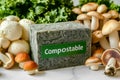 Compostable packaging block surrounded by fresh mushrooms and leafy greens on a white background. Concept of biodegradable Royalty Free Stock Photo