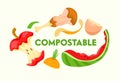 Compostable Vegetable, Fruit and Meat Kitchen Scraps on White Background. Organic Waste for Domestic Composting