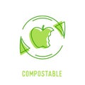 Compostable Waste Concept. Organic Trash, Food Compost Icon with Apple Stump and Recycling Rotating Arrows Sign