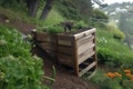 composter tumbling down a hillside, with garden at the bottom Royalty Free Stock Photo