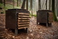 composting bins made of metal or wood, with drainage holes and air vents to promote the natural decomposition process