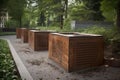 composting bins made of metal or wood, with drainage holes and air vents to promote the natural decomposition process