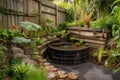 composting system with water feature and waterfall, adding natural beauty to garden