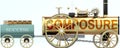 Composure and success - symbolized by a steam car pulling a success wagon loaded with gold bars to show that Composure is