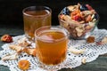 Compote of dried fruits in the jars and assorted dried fruits in Royalty Free Stock Photo