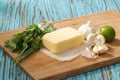 Compound butter ingredients herb coriander garlic lemon fresh green onion Royalty Free Stock Photo