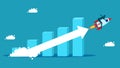 Compound interest growth. Investment grows. Bar graph with arrows following a flying rocket Royalty Free Stock Photo